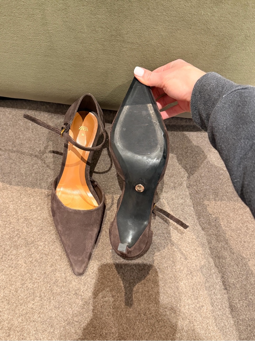 Zara Brown Suede Pointed-Toe Ankle-Strap Heels - Picture 2 of 4